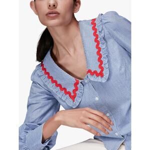 Whistles Women's Blue Striped‎ Ric Rac Collar Button Front Top Size 0